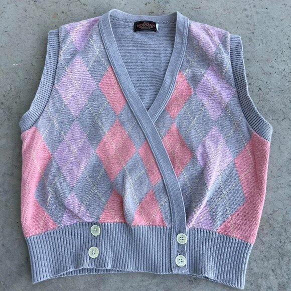 Vintage 80s 90s Sweater Vest Made in USA Argyle Print Vest Women's Large - Picture 2 of 7